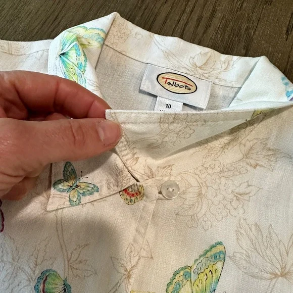 Talbots 100% Linen Button Down Blouse Size 10 Butterfly Print - Picture 11 of 13